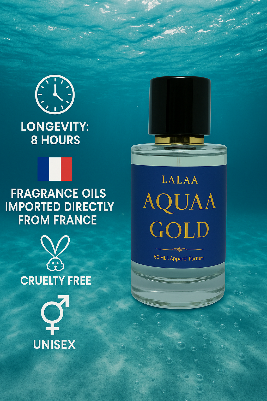 LALAA AQUAA GOLD Apparel Unisex Perfume – Long Lasting Eau de Parfum with Citrus, Sea & Woody Notes – Premium Fragrance for Men & Women – 50ml