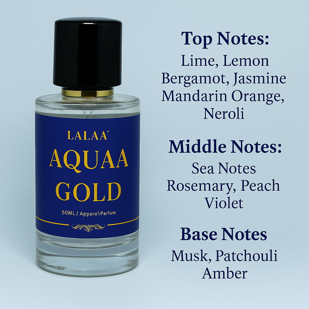 LALAA AQUAA GOLD Apparel Unisex Perfume – Long Lasting Eau de Parfum with Citrus, Sea & Woody Notes – Premium Fragrance for Men & Women – 50ml