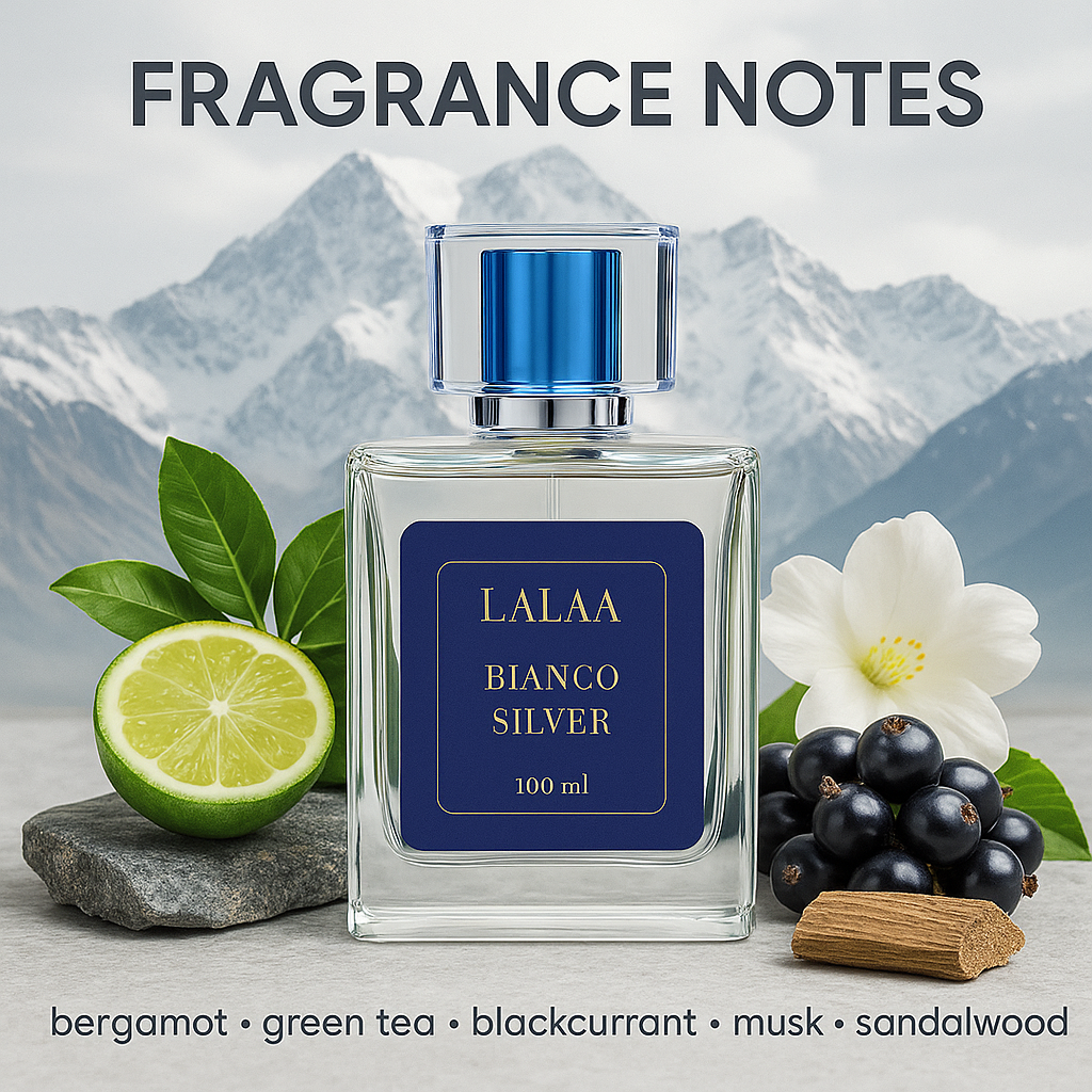 LALAA Bianco Silver Eau de Parfum – 100ml | Fresh, Clean, Long-Lasting Scent | Unisex Luxury Perfume for Men & Women | Uplifting Citrus & Musk Notes