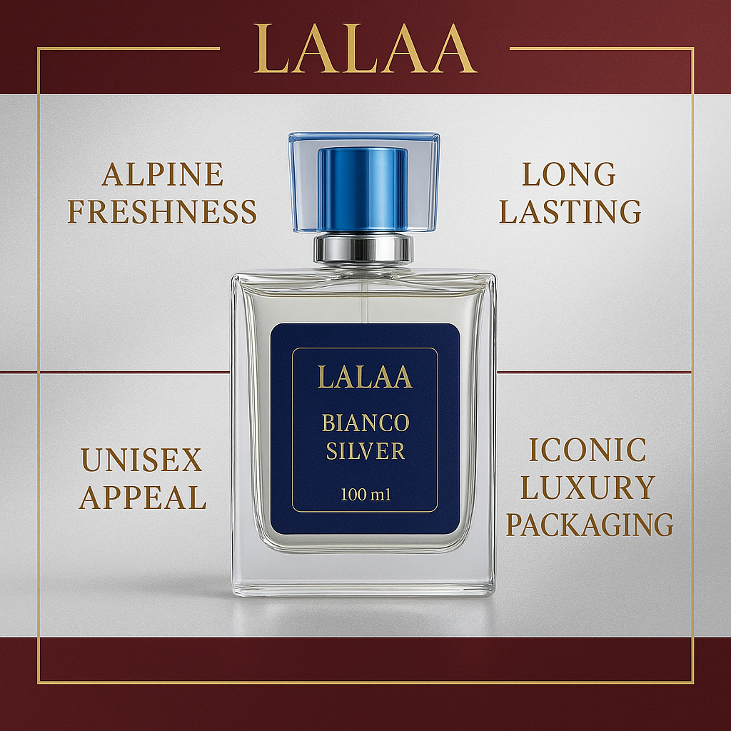 LALAA Bianco Silver Eau de Parfum – 100ml | Fresh, Clean, Long-Lasting Scent | Unisex Luxury Perfume for Men & Women | Uplifting Citrus & Musk Notes