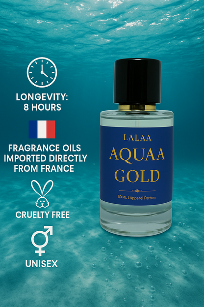 LALAA AQUAA GOLD Apparel Unisex Perfume – Long Lasting Eau de Parfum with Citrus, Sea & Woody Notes – Premium Fragrance for Men & Women – 50ml