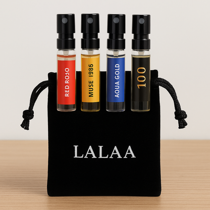 LALAA Luxury Perfume Sample Tester Pack – Set of 4 Premium Long Lasting Fragrances (5ml x 4) | Unisex Travel-Size Discovery Kit | Includes Muse 1986, Aquaa Gold, Red Roja & 100