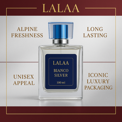 LALAA Bianco Silver Eau de Parfum – 100ml | Fresh, Clean, Long-Lasting Scent | Unisex Luxury Perfume for Men & Women | Uplifting Citrus & Musk Notes