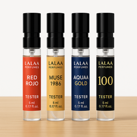 LALAA Luxury Perfume Sample Tester Pack – Set of 4 Premium Long Lasting Fragrances (5ml x 4) | Unisex Travel-Size Discovery Kit | Includes Muse 1986, Aquaa Gold, Red Roja & 100